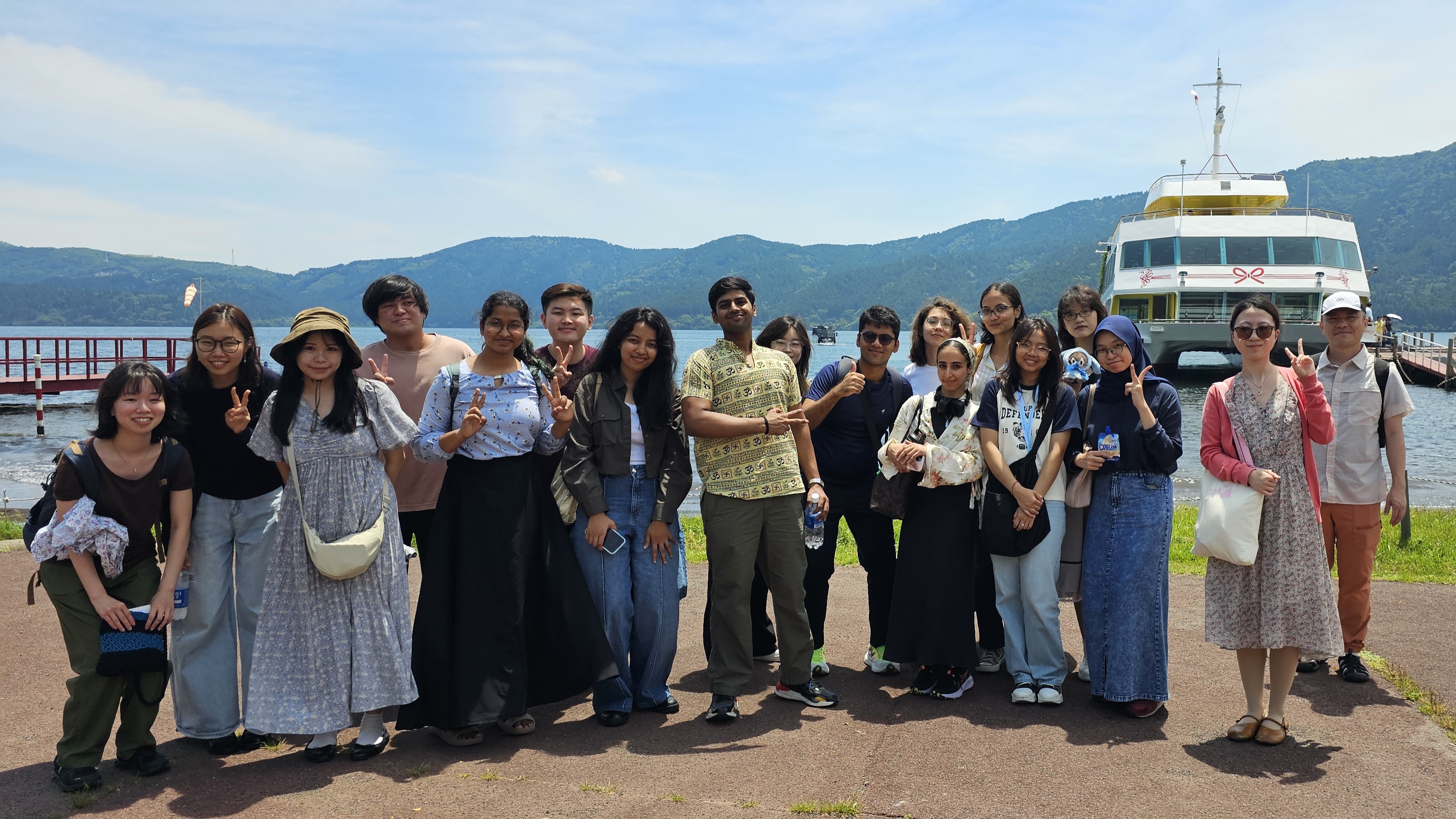 Students in front of Lake Ashi